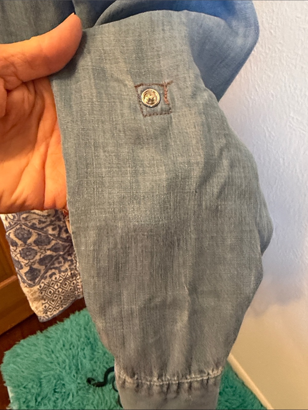 ๐๐๐BOGOHO๐๐๐John Mark Blue Denim Patchwork Button-Down Top-S - Picture 15 of 16